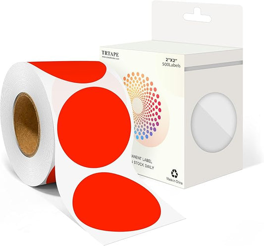 2 Inch Round Color Coding Labels (500 Count) - Fluorescent Red Dot Stickers Circle Labels with Dispenser Box for Warehouse, Filing, Industrial, Office Organization
