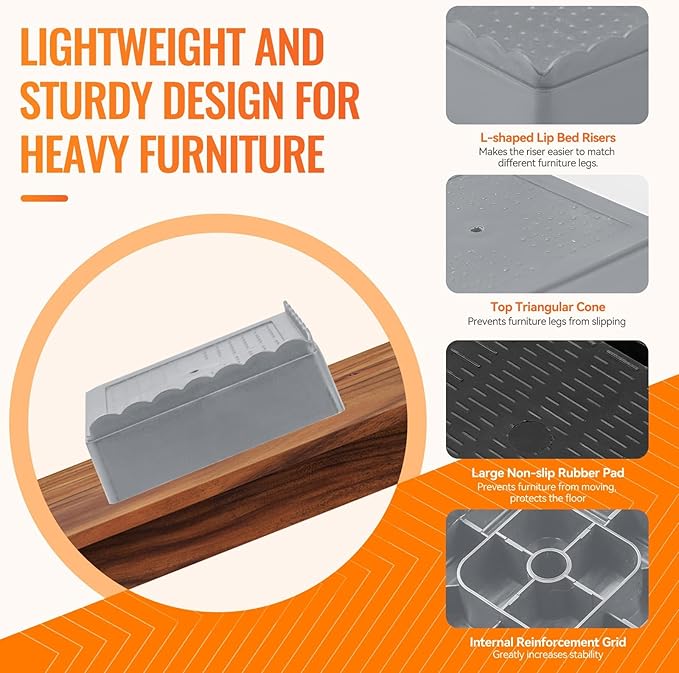shouwuhho Furniture Risers, 8 Pack Bed Risers with Non-Slip Grip and Heavy Duty Support, 1 Inch 2 Inch 3 Inch 4 Inch Height Lift for Couch, Sofa, Table, Desk, Chair, Refrigerator - Gray, 1 Inch