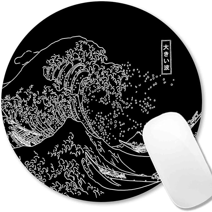 IMAYONDIA Japanese Great Wave Mouse Pad Small, Black Anime Mouse Pads, Kanagawa Round Mousepad, Aesthetic Desk Decor, Anti Slip Rubber Base Mice pad for Computer Office Travel, 7.9 x 7.9 Inch
