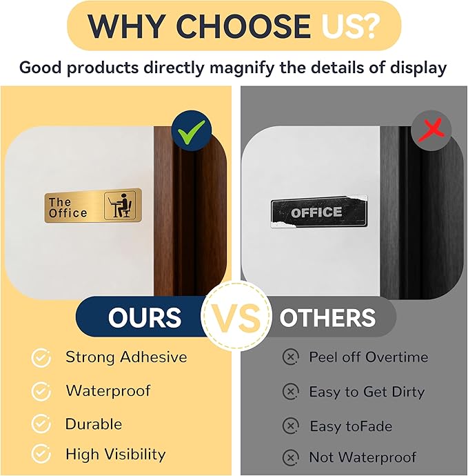 The Office Sign for Home and Business Door，Self-Adhesive Waterproof and Fade-Resistant Brushed Gold Office Sticker for House，Business，Door, Window