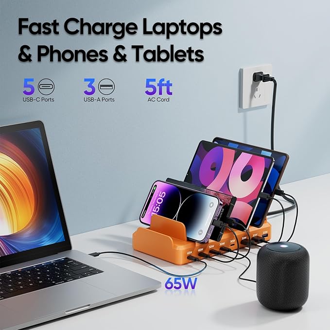 300W Charging Station for Multiple Devices, 8 Port Multi USB C Fast Charger Station Dock for MacBook iPhone 16/15/14/13/12 Samsung Pixel Series iPad, Orange (6 Mixed Short Cables Included)