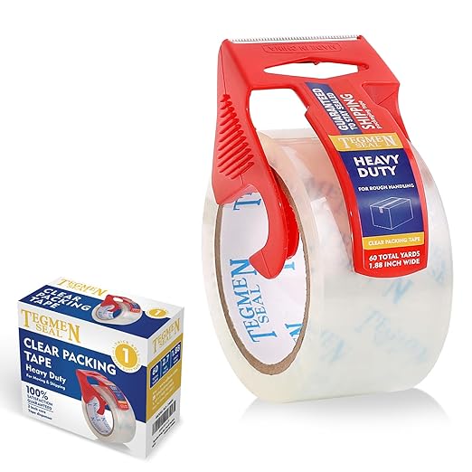 TegmenSeal Heavy Duty Clear Packing Tape with Dispenser Combo for Shipping, Moving & Storage,Thicker Clear Packing Tape,1.88 inches Wide, 60 Yards Per Roll, 60 Total Yards