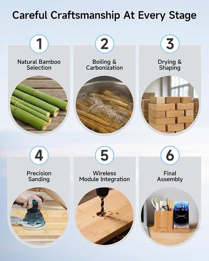 Bamboo Pen Holder for Desk & Nightstand Organizer with Fast Wireless Charging for iPhone, Samsung & More – Office Desk Accessories for Men/Women (Bamboo)