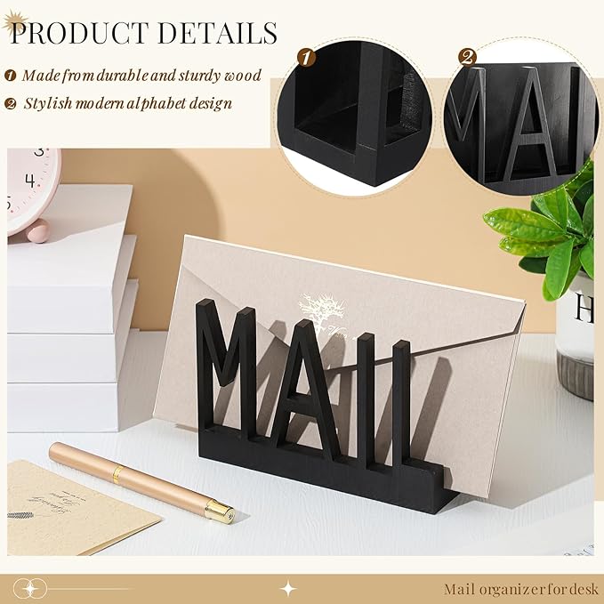Vercraft Mail Organizer Holder Organizer Countertop Modern Wooden Black Letter Holder with Cutout Lettering Design Outgoing Mail Holders for Office Desktop Envelope and Document Storage Rack