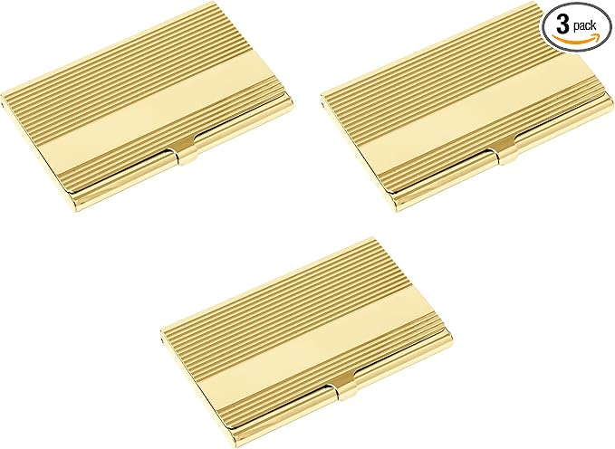 Stephanie Imports Set of 3 Slim & Minimalist Metal Business Card Holder Unisex Case (Gold Band Ridges)