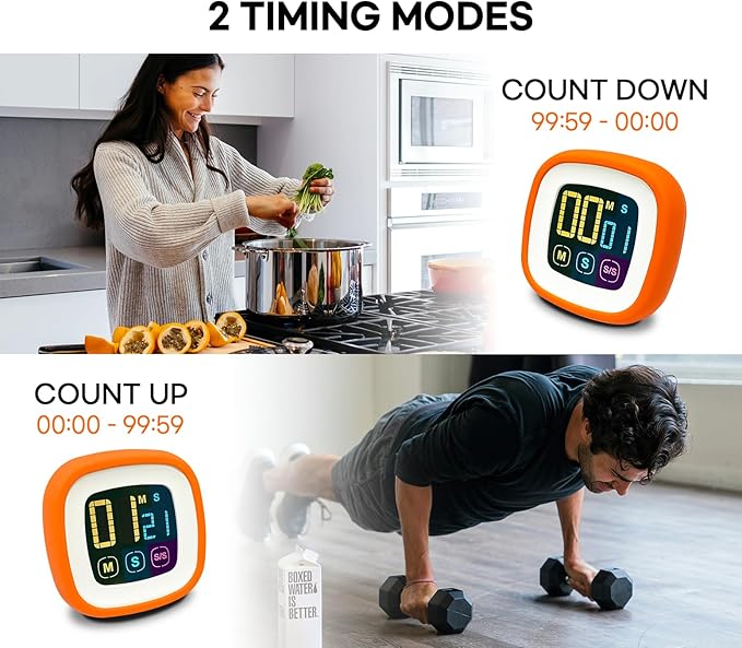 CREAVIVA Digital Kitchen Timer, Countdown, Countup, Protective Rubber case, Large Display with Color Bold Digits, Touch Control, Backlit, Magnetic Kickstand, Loud Alarm, Auto Memory (Orange)