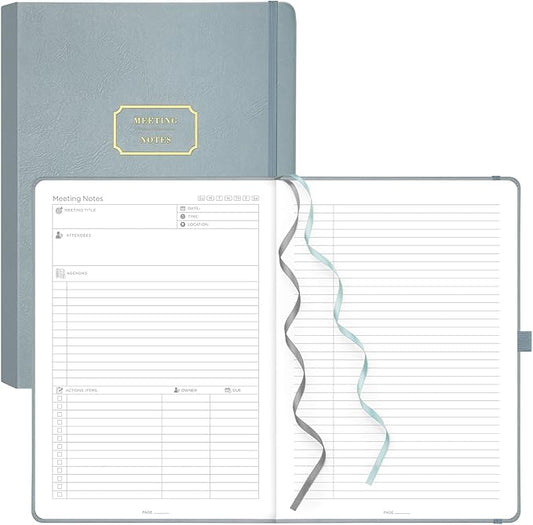 EMSHOI Meeting Notebook for Work with Action Items - 240 Pages A4 Large Project Planner Agenda Organizer Work Notebook for Women Men Office Business, PU Leather Hardcover, 8.5" x 11", Gray Blue