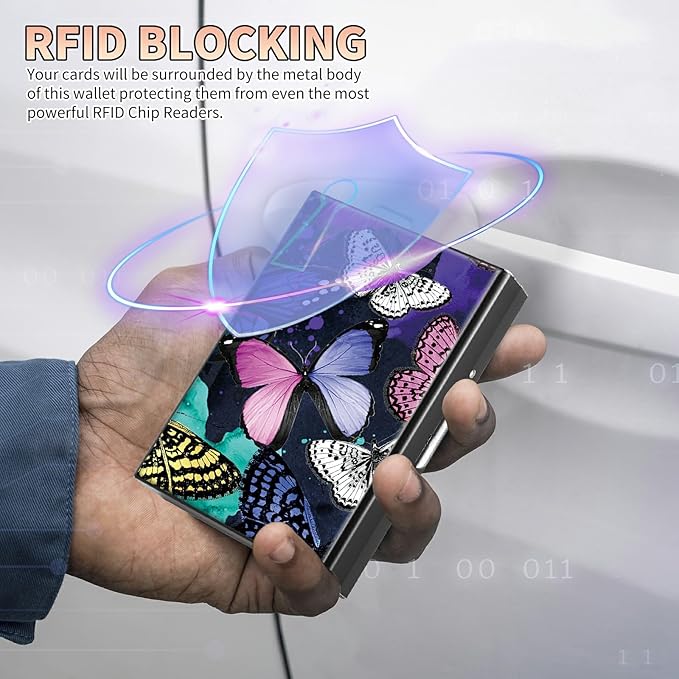 BWEGRHE Slim Credit Card Holder, Color Butterfly RFID Blocking Metal Wallet for Men & Women, Aluminum Minimalist Hard Case Pocket-Sized Business Cards Organizer (Fits Up to 10 Cards)