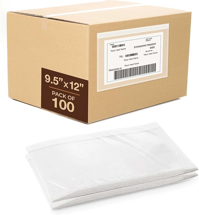9.5x12 Shipping Label Sleeves 100 Pack Strong Adhesive Back for Secure Package Labelling, Protects Documents with Packing Slip Pouches Packing Sleeves for Mailing and Packaging -WaterProof and Durable