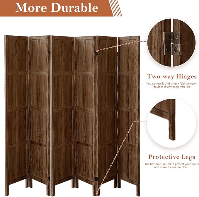 Leesinwing Wood Room Divider 6 Panel Folding Privacy Screen, Classic 5.6Ft Indoor Wooden Partition, Portable Partition Wall Divider for Room Separation, Home, Office, Bedroom, Restaurant (Brown)