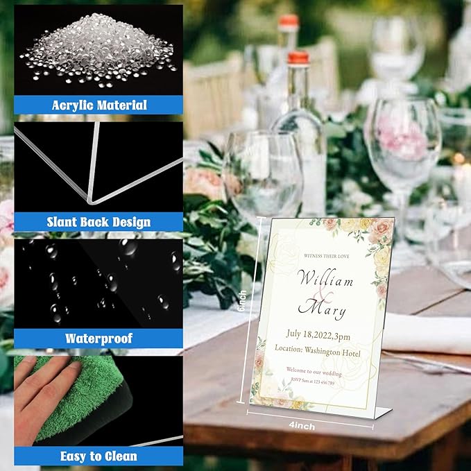 Laerjin Acrylic Sign Holder 4 x 6 - 16 Pack Slanted L-Shaped Photo & Menu Display Stand, Clear Plastic Frame with Side Loading Design - For Tabletop Signs in Cafés, Events, Retail