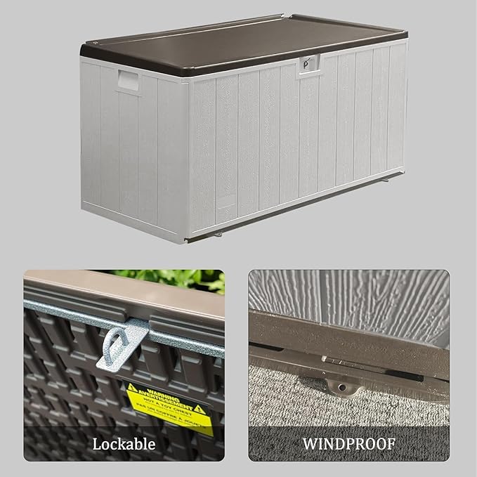 PATIOEASY 110GAL Deck Box - Grey，Wheeled Footlocker，Waterproof Resin Storage Bin for Patio Cushions