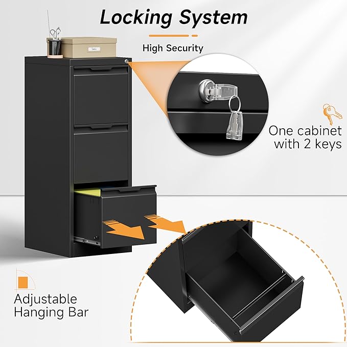 Bestoo 3-Drawer File Cabinet with Lock, Metal Filing Cabinet for Home Office, Vertical Filing Storage Cabinets, Fits File Folders, Letter/Legal/F4/A4 Size, Assembly Required (Black)