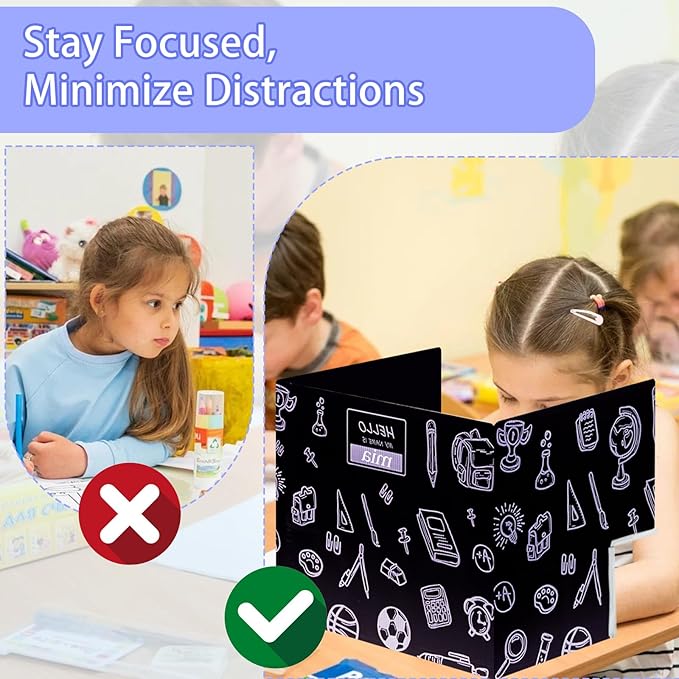 Succwoah 25-Pack Desk Dividers for Students with Privacy Shields, Ergonomic Arms Cutouts & Erasable Name Frames - Waterproof & Easy-to-Clean Test Dividers for Classroom, Exams, Office (Black)