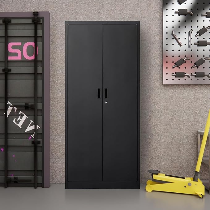 TaskStorz Metal Garage Storage Cabinets,71” Tall Metal File Cabinet with 5 Adjustable Shelves, Lockable Storage Cabinets for Office, Home, Garage, Warehouse 71" H x 32" W x 16" D (Black)