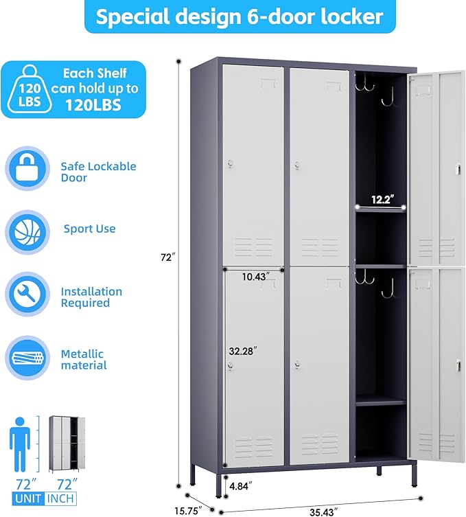 SUPEER 6 Doors Metal Locker for Employees with 18 Hooks and Business Card Holder,Metal Locker with Ventilation Holes for School Garage Office Gym Home,Assembly Required,Grey-White