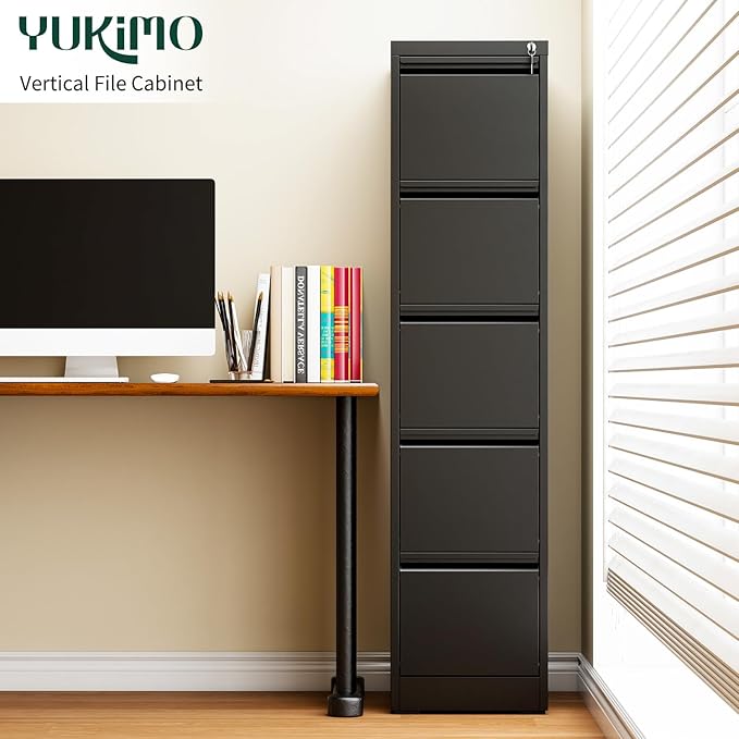 Yukimo 5 Drawer File Cabinet with Lock, Vertical Filing Cabinets for Home Office, Locking File Cabinet Hanging Files for A4/ Legal/Letter, Require Assembly, Black