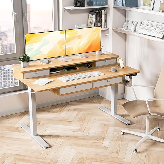 Kingant 55 x 30 Inch Electric Standing Desk with 4 Drawers, Adjustable Height Computer Desk for Home Office, Large Workstation Sit Stand Up Desk with Built-in USB A/C Charging Ports, Nature