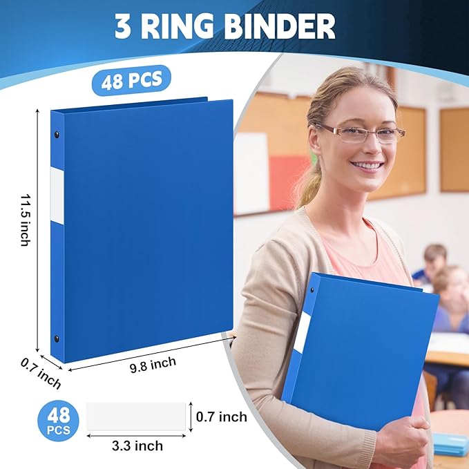 Henoyso 48 Pcs 3 Ring Binder 0.5 Inch Round Fits Letter Size 8.5'' x 11'' Paper Plastic Flexible Binder Bulk Holds 140 Sheets with 1 Pockets Versatile Organizer for Home Office School (Blue)