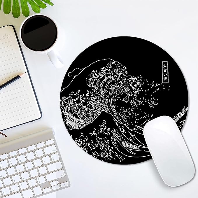 IMAYONDIA Japanese Great Wave Mouse Pad Small, Black Anime Mouse Pads, Kanagawa Round Mousepad, Aesthetic Desk Decor, Anti Slip Rubber Base Mice pad for Computer Office Travel, 7.9 x 7.9 Inch