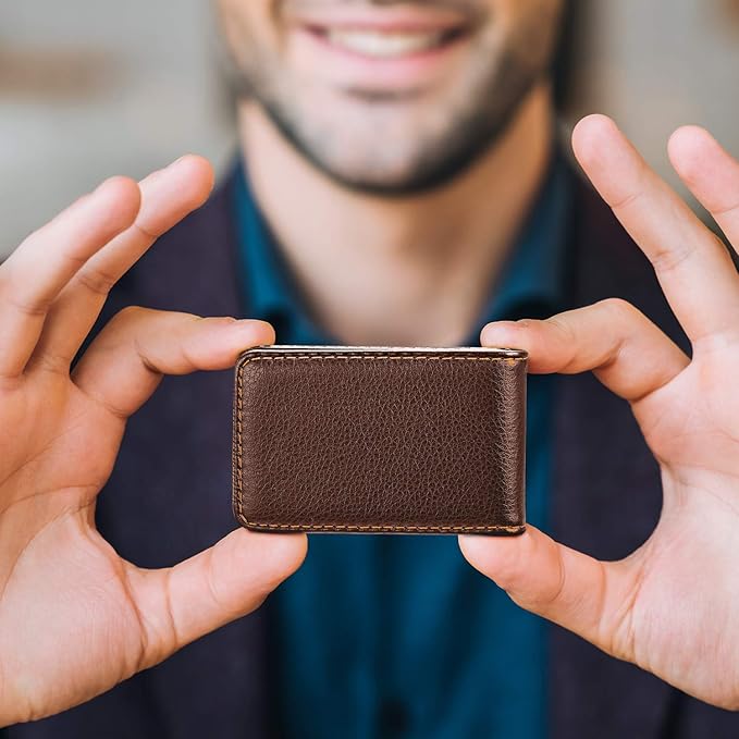 Outus 2 Pieces Business Card Holder, PU Leather Business Card Case Pocket Wallet with Magnetic Shut for Christmas Gift Men Women(Coffee and Coffee,Classic)