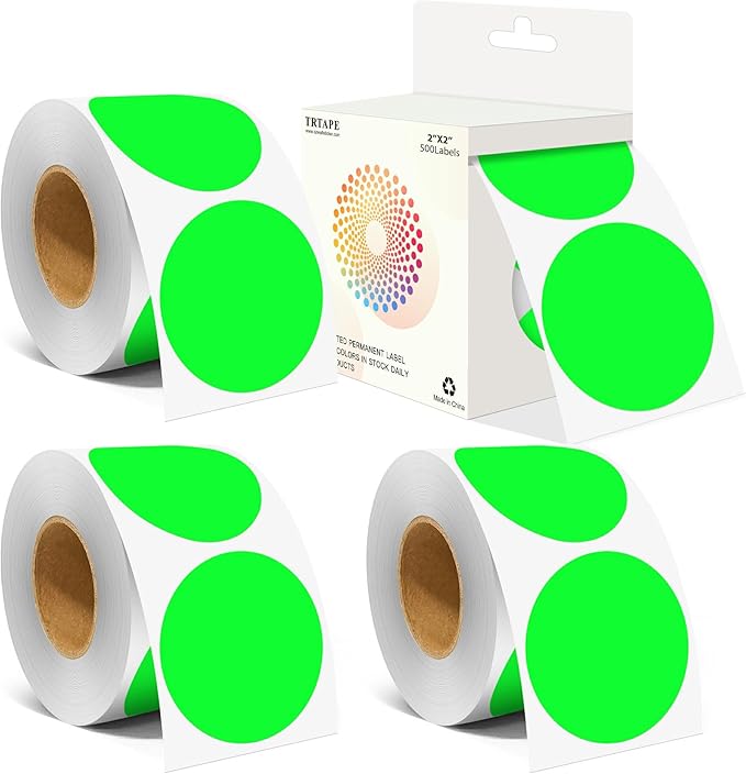 2 Inch Color Coding Round Labels (2000Pcs, 4 Rolls) - Round Colored Dot Stickers for Inventory, Pantry, Warehouse Organization - Fluorescent Green Circle Dot Labels