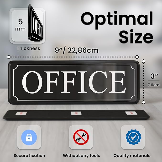 MolnijaPro - The Office Door Sign for Your Home and Business with Bigger Letters - Bright Acrylic Self-Adhesive Sign 9×3 in with Double Sided 3M Tape - Quick and Easy Installation Without Any Tools