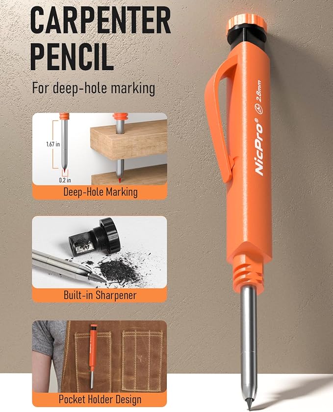 Nicpro Upgraded 3-IN-1 Carpenter Pencils with Sharpener & Finger Grip, Construction Pencil with 13 Leads, Deep Hole Marking Tool, Solid Mechanical Pencil for Carpenters Scriber Architect Woodworking