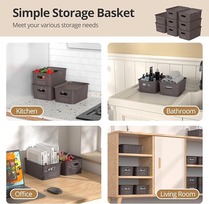 ZFTMRR Plastic Storage Basket with Lid, Stackable Small Box Bins for Organizing and Containers for Shelves Drawers Desktop Closet Playroom Pantry Classroom Office Home, 8 Pack 10.2x7.2x4.1 Inch, Brown