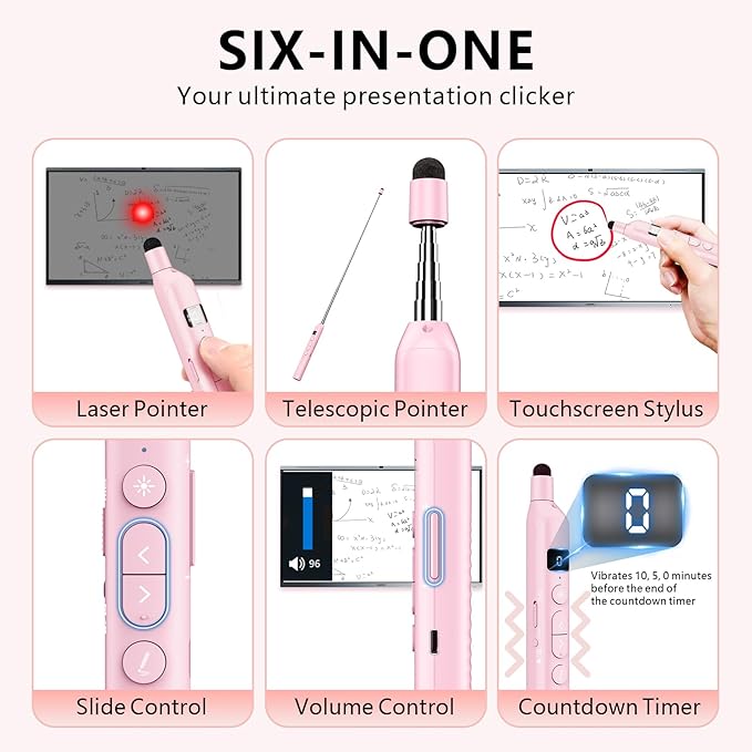 Norwii N21 Bluetooth Presentation Clicker with Telescopic Teaching Pointer, Presentation Remote with Retractable Stick for PowerPiont, Wireless Presenter, Slide Advancer - Pink