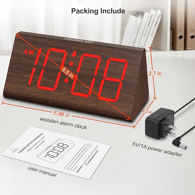 DreamSky Wooden Digital Alarm Clocks for Bedrooms - Electric Desk Clock with Large Numbers, USB Port, Loud Alarm for Heavy Sleepers, Adjustable Volume, Dimmer, Snooze, DST, Wood Décor, Adapter Powered