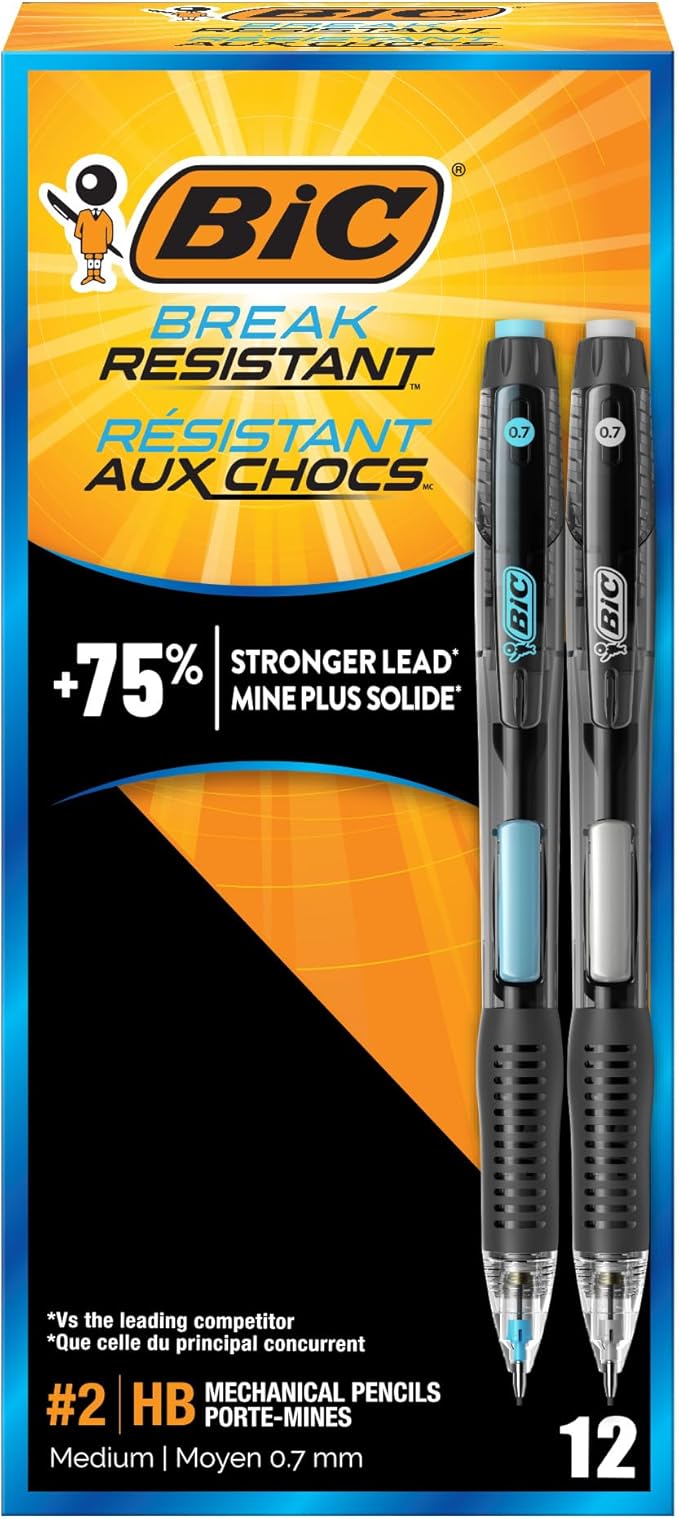 BIC Break Resistant Mechanical Pencils with Erasers, No. 2 Medium Point (0.7mm), 12-Count Pack of Pencils for School or Office Supplies