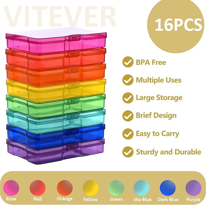 Haundry Photo Storage Box with 16 Inner 4" x 6" Photo Case, Portable Storage Organizer with Handle Craft Keeper for Picture, Stickers, Stamps, Screws, Hair Clips, Colored