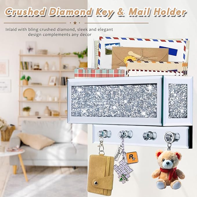 WALTSOM Crushed Diamond Key and Mail Holder for Wall, Crystal Mail Organizer Wall Mount, Mirror Mail and Key Holder Wall Mount for Entryway and Home Decor