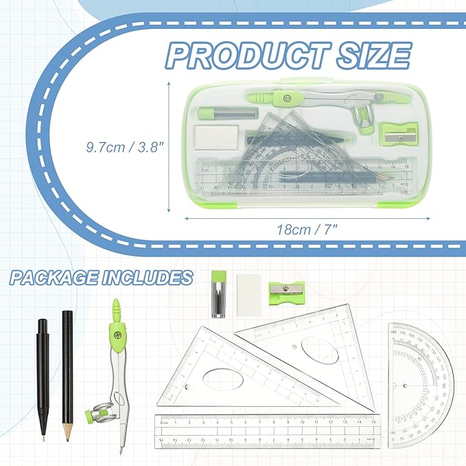 PATIKIL Geometry Precision Tool Set, 11 Pcs Geometry Set Compass Tool with Shatterproof Storage Box Rulers Math Compass Kit for Math Drafting Supplies, Yellow Green(Style 2)