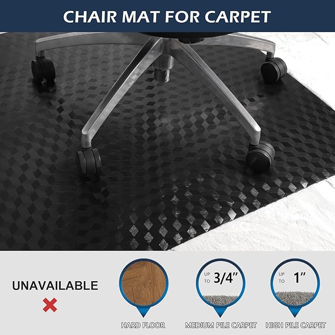 SALLOUS Chair Mat for Carpet 36" x 48" - 3D Geometric Chair Mat for Carpeted Floors, Heavy-Duty Carpet Protector Computer Desk Mat with Grips, Non-Slip Vinyl Floor Mat for Home Office, Black