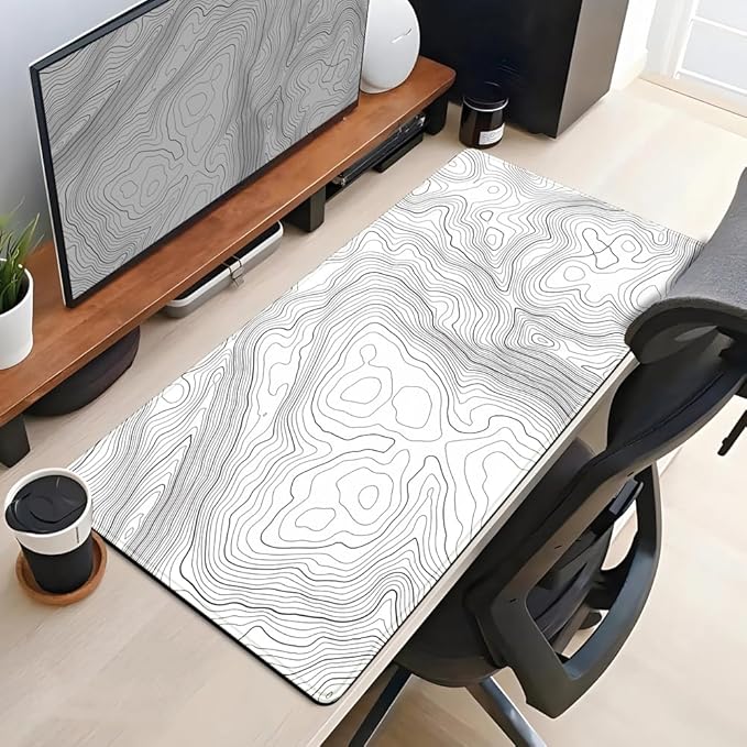 Mechanical Cattle Desk Mat Large Gaming White Mouse Pad Minimalist Topographic Map Desk Mat Extended XL Mousepad 31.5x15.7 in Anti-Slip Desk Pad Keyboard Mousepad Stitched Edges Large Mouse Pad Grey