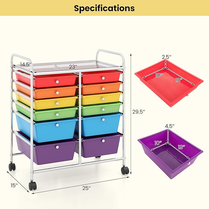 Giantex 12 Drawer Rolling Storage Cart Tools Scrapbook Paper Office School Organizer