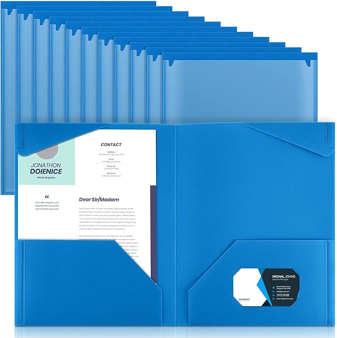 Henoyso 18 Pcs Plastic Folders with Clear Front Pockets Heavy Duty File Folders with 2 Pockets and Card Slot for Student Communication School Office Presentation Report (Blue)