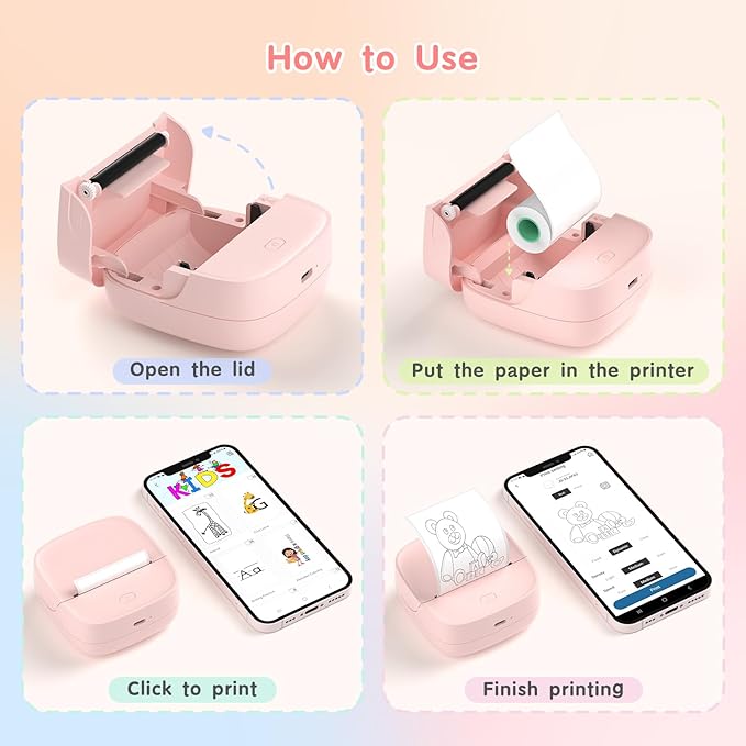 Gloryang JD-23 Sticker Printer, Mini Portable Thermal Printer Print Pod, Inkless Bluetooth Label Maker Machine for DIY Crafts, Journaling, Office & Home Use, 2 Rolls Sticker Paper, Pink