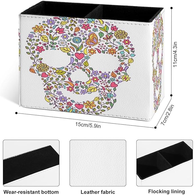 Famame Abstract Floral Leaves Skull Pencil Holder for Desk, Leather Desktop Container Pen Cup Storage Study Table Pen Organizer Makeup Brush Holder for Classroom Office Home