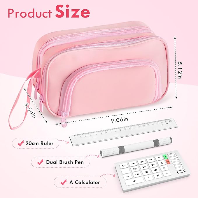 SANANT Large Capacity Pencil Case with Pull-out Structure - Multifunctional Extra Big Pencil Pouch Pen bag, Portable Stationery Organizer with Zipper, College Office School Supplies for Girls, Pink
