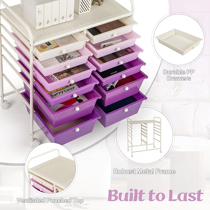 Happygrill 12-Drawer Rolling Storage Cart, Multipurpose Storage Cart W/Lockable Wheels, 2 Sizes Plastic Drawers & Metal Shelf, Mobile Utility Cart for Home Office School (Purple Gradient)