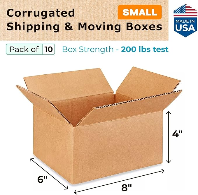 IDL Packaging - B-864-10 Small Corrugated Shipping Boxes 8"L x 6”W x 4"H (Pack of 10) - Excellent Choice of Strong Packing Boxes for USPS, UPS, FedEx Shipping