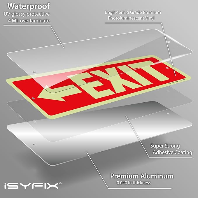 iSYFIX Exit Signs with Directional Left Arrow, Glow in the Dark, Photoluminescent Aluminum 12x4 Inch - 12 Pack, Laminated for UV & Weather Resistance, Ideal for Offices, Schools, Theaters & More