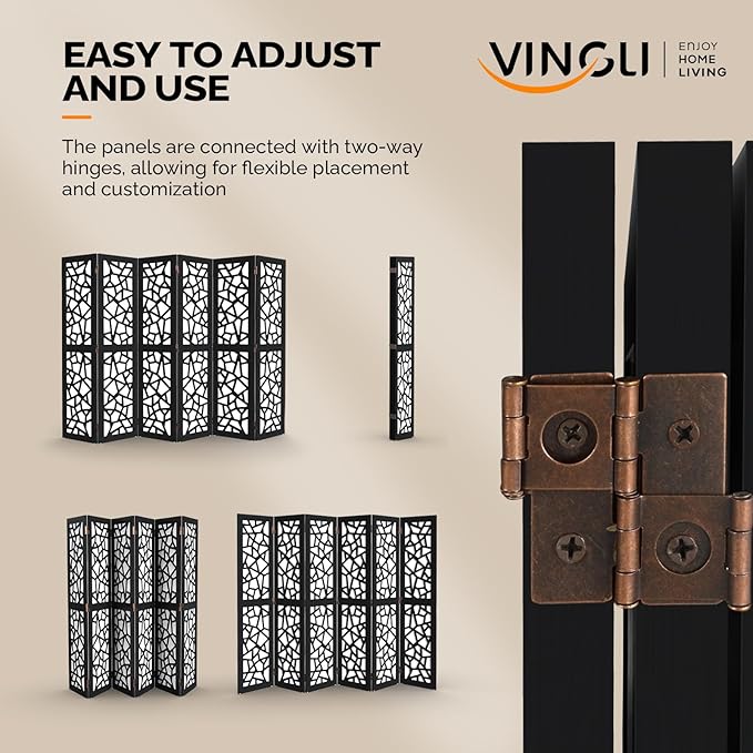 VINGLI 70'' H Room Divider, Non-Woven Fabric Privacy Screen, Indoor Partition Wall Dividers, Freestanding Hinged Space Separator with Modern Unique Pattern (Black, 6 Panel)