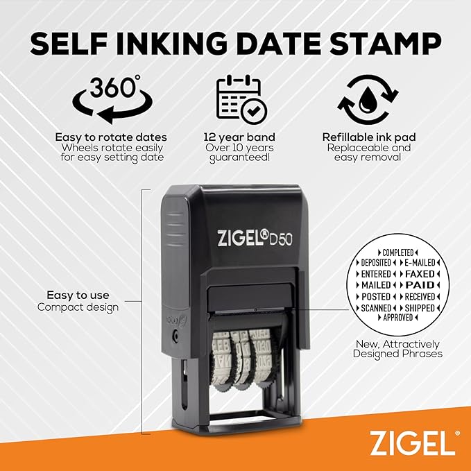 ZIGEL D50 Date Stamp with Scanned - Self Inking Date Stamp - Red