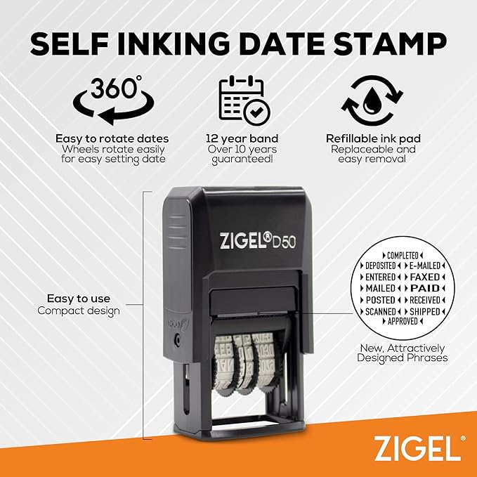 ZIGEL D50 Date Stamp with MAILED - Self Inking Date Stamp - Red