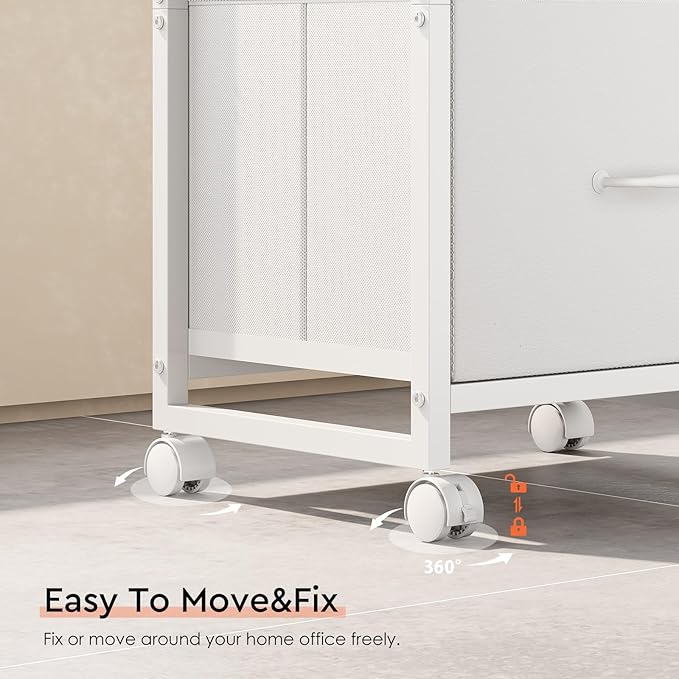 Maihail 3 Drawer Mobile File Cabinet with Wheels Fabric Vertical Filing Cabinet fits A4 or Letter Size for Home Office,White