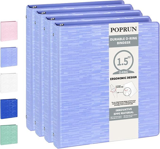 POPRUN 3 Ring Binder 1.5 Inch, PVC-Free, Holds 325 Sheets of 8.5 x 11 Paper, Extra Durable Organizer with 2 Pockets for School & Office, Heavy-Duty, 4 Pack, Cornflower Purple